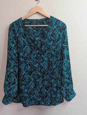 APT 9 Women’s 2X Teal Black Abstract Print Blouse Zip Front